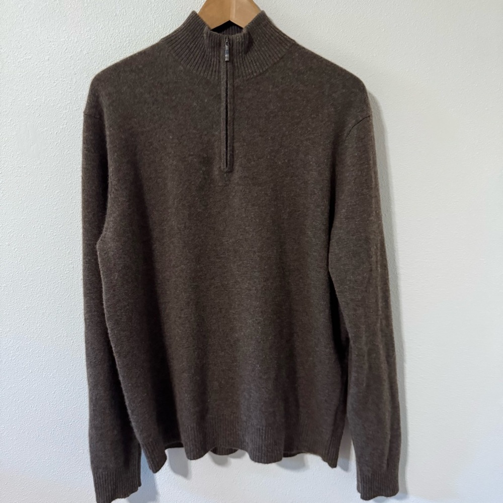 Qi Cashmere 1/4 Zip Pullover Sweater Cocoa Brown Quiet Luxury Minimalist-Large